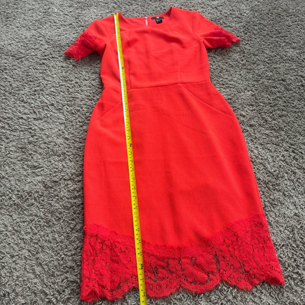 H&M Red Lace Trimmed Sheath Midi Dress Short Sleeve Size 4 - Picture 6 of 10